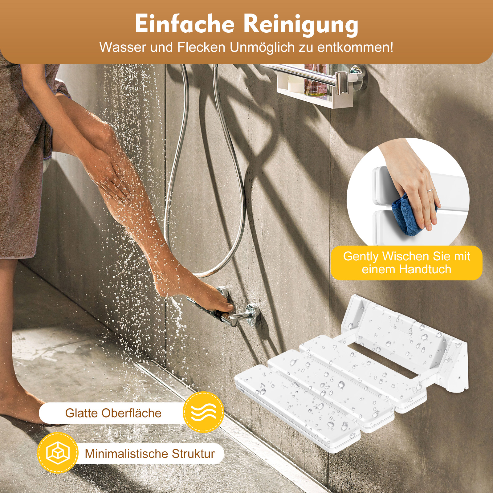 Klappbarer Duschsitz zur Wandmontage, sichere klappbare Duschbank, platzsparender, montierter Duschsitz, luxuriöser, klappbarer Duschsitz