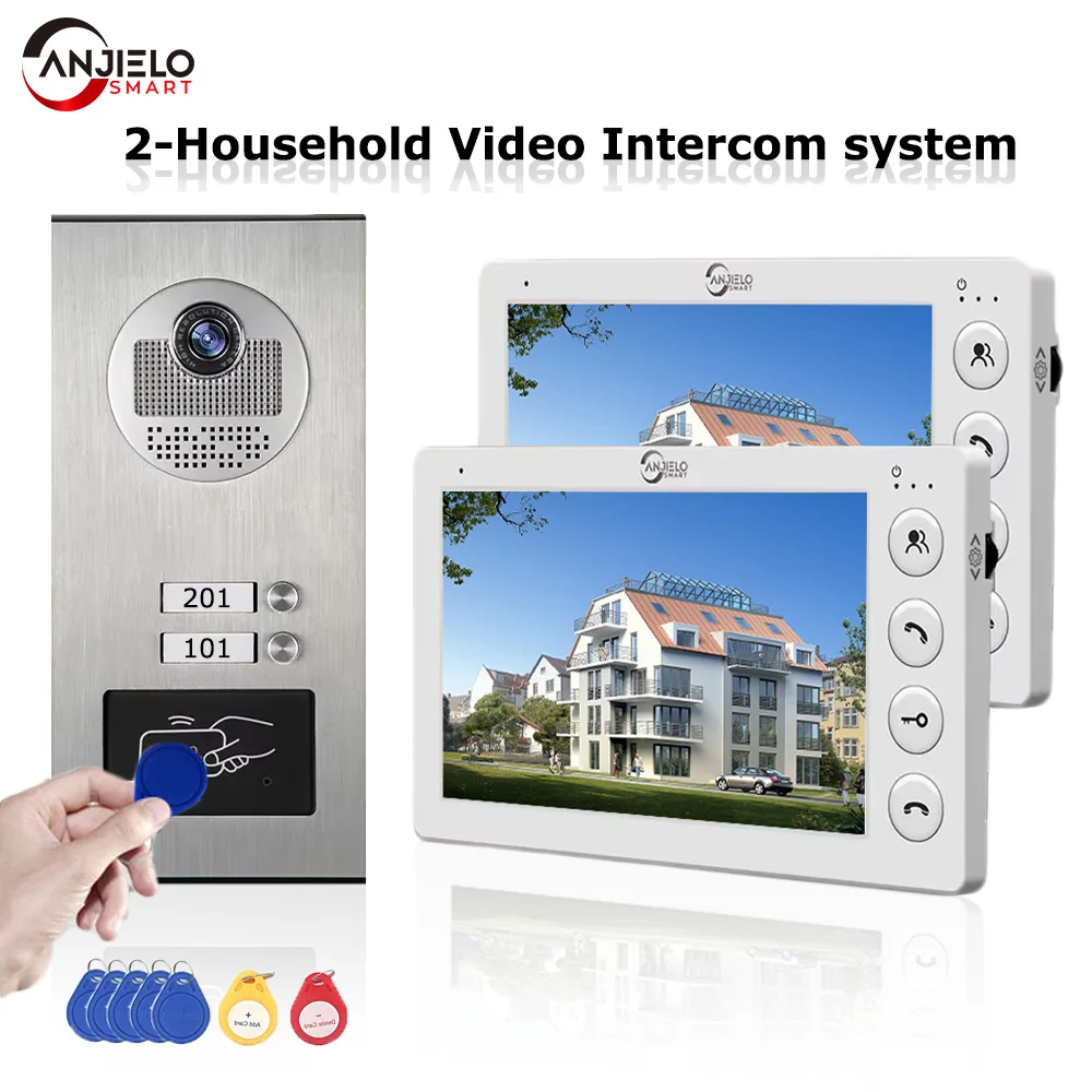 Anjielo 2/3/4 Unit Multi Appartementen Intercom Video Deurbel met RFID-kaart Ontgrendelen 7 inch 4Wired Video Deurtelefoon Systeem