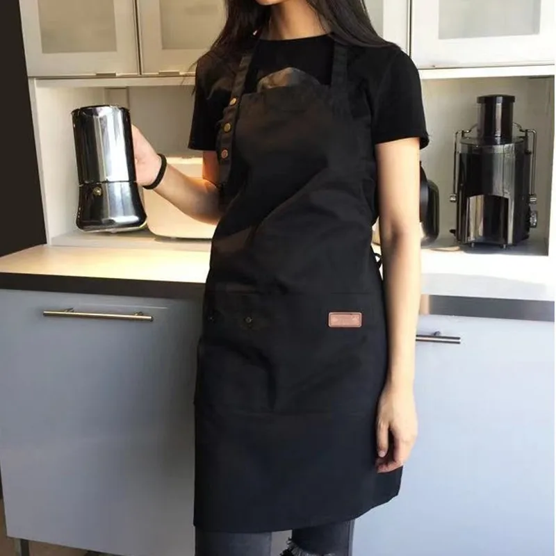 Delantales de cocina de lona a la moda para mujer y hombre, delantal de trabajo de Chef para parrilla, restaurante, Bar, tienda, cafeterías, uniforme de estudios de uñas de belleza