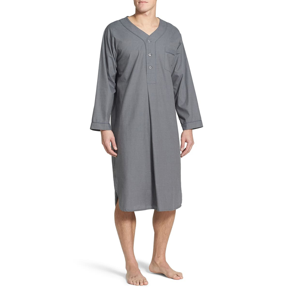 Hommes Robe de nuit ample col en V à manches longues chemise de nuit solide automne pyjamas coton doux confortable vêtements de nuit haut décontracté Homewear nouveau