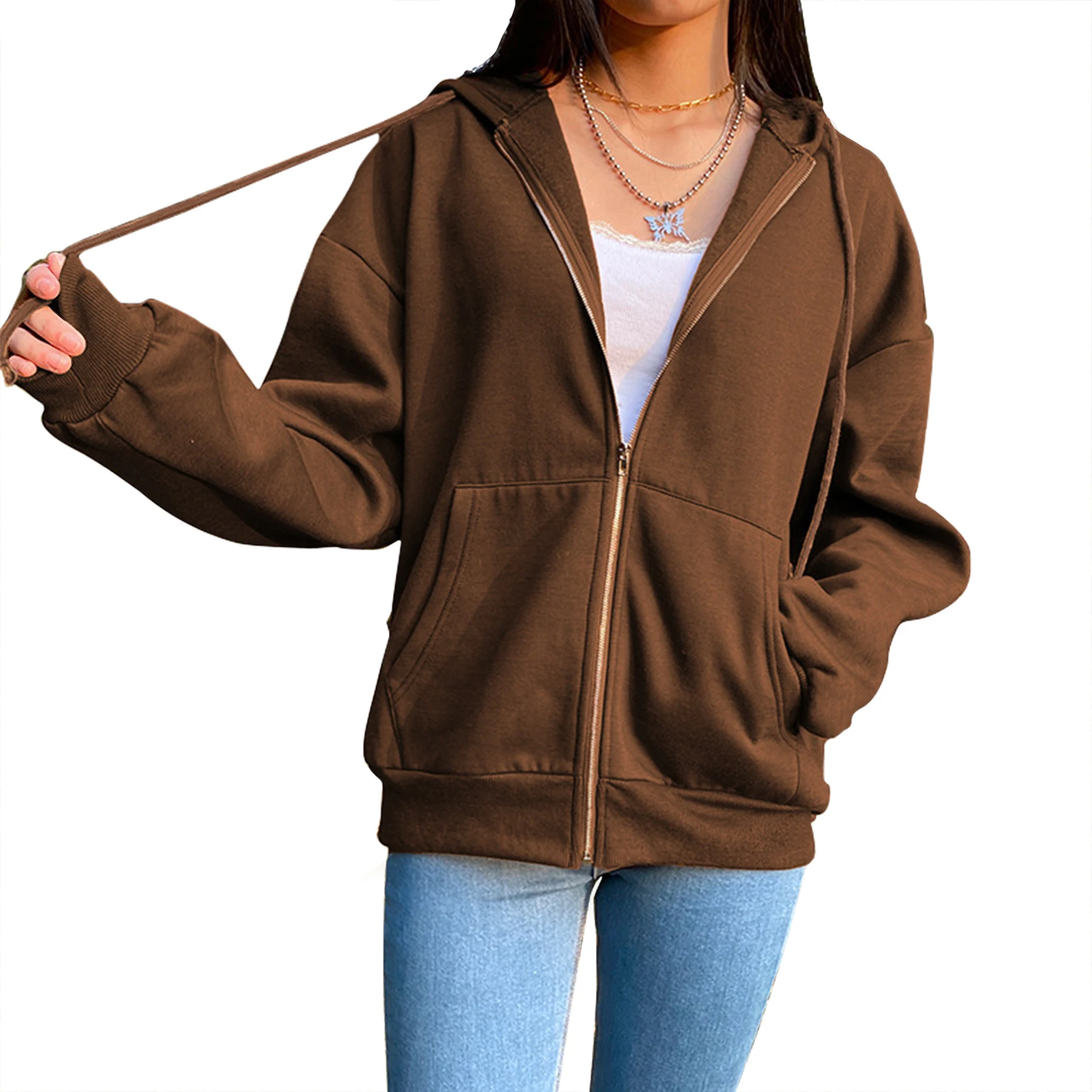 2024 Sudadera para mujer, cárdigan con cremallera, Sudadera con capucha, moda informal, versátil, abrigo de Color sólido, deporte de Fitness, trote, ropa superior para mujer