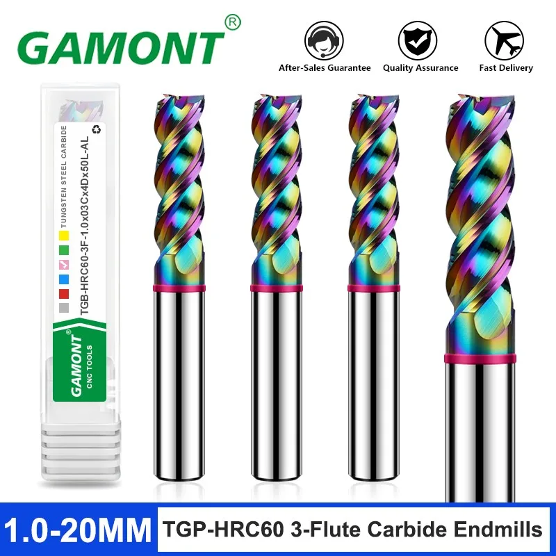 GAMONT-fresas de extremo plano de aluminio y carburo de tungsteno de acero, cortador de fresado mecanizado CNC, revestimiento DLC, círculo de Color de 3 flautas, TGP-HRC60