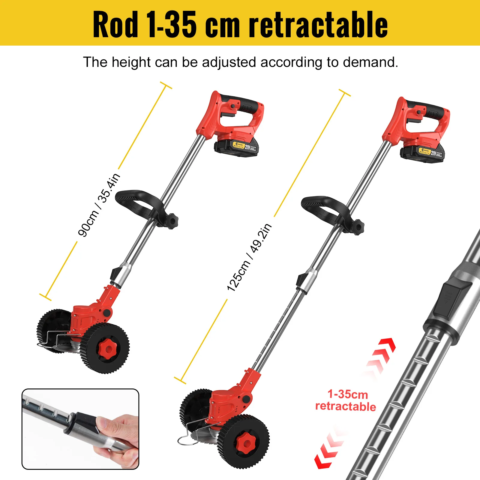 CONENTOOL Tagliaerba elettrico a batteria 21V Tosaerba portatile regolabile in lunghezza con ruota Attrezzo da giardino compatibile per Makita