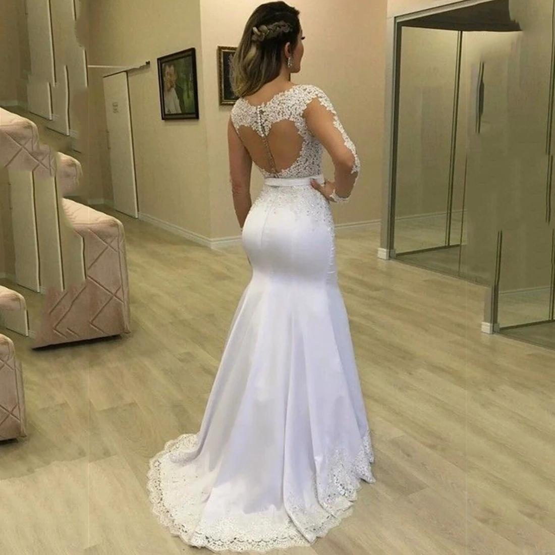 Vestidos de noiva elegantes de sereia com decote em O e apliques de renda e mangas compridas personalizados