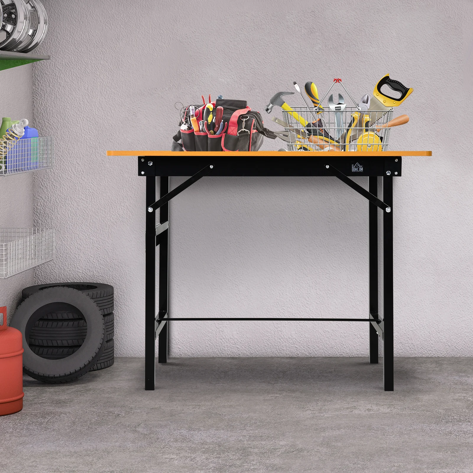 HOMCOM Heavy Duty DIY Metal Garage Workbench Storage Drawer Table Wood Surface