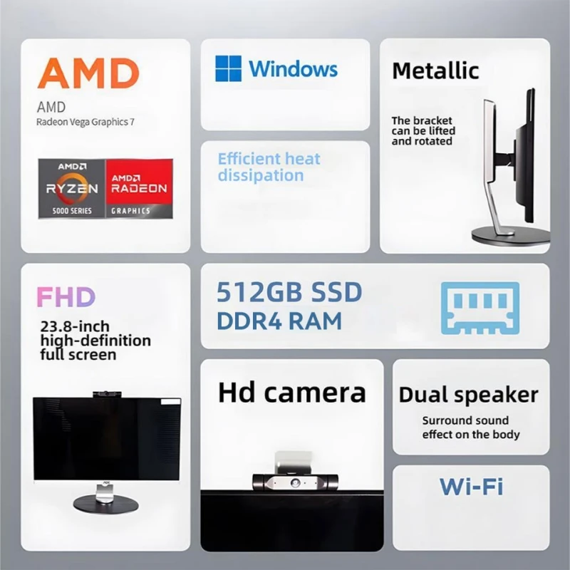 AOC All-in-one Computador 23,8 polegadas AMD 5600G 16G 512G Desktop Gaming Ajuste AIO Home Office Game Computador Desktops All-in-one