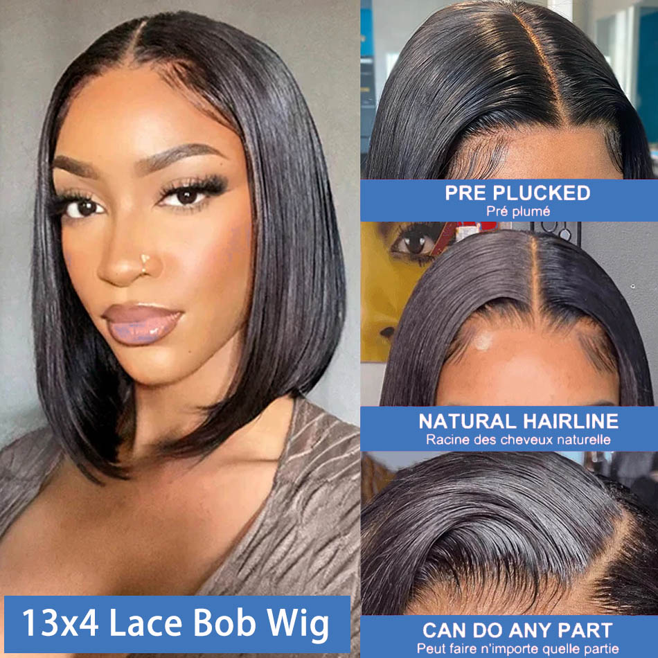 Kurze Bob-Perücke, brasilianisches 100 % Echthaar, 13 x 4, transparente Spitze, gerade, 4 x 4-Spitzenverschluss, Bob-Perücken für Frauen, 180 % Dichte