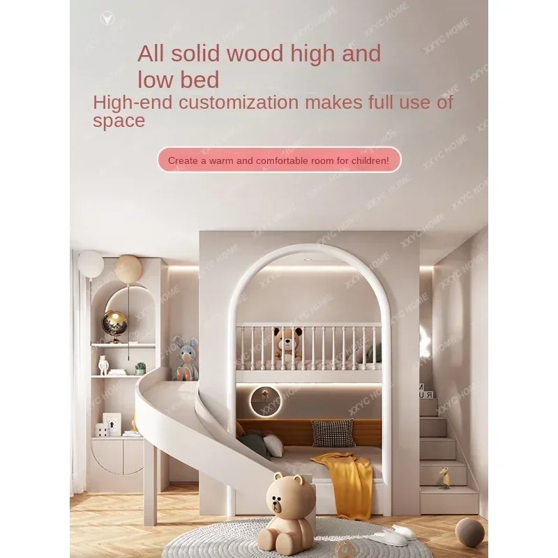 Cama infantil personalizada com escada deslizante, beliche inferior do sótão duplex com buraco para casa na árvore