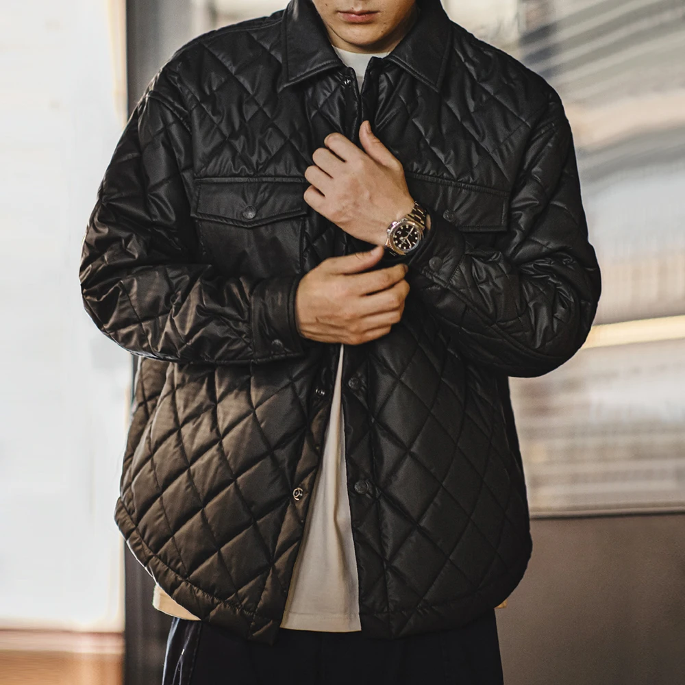 Maden-jaqueta masculina acolchoada com grade de diamante, casaco acolchoado de algodão solto, gola quente, versátil, casacos para outono e inverno