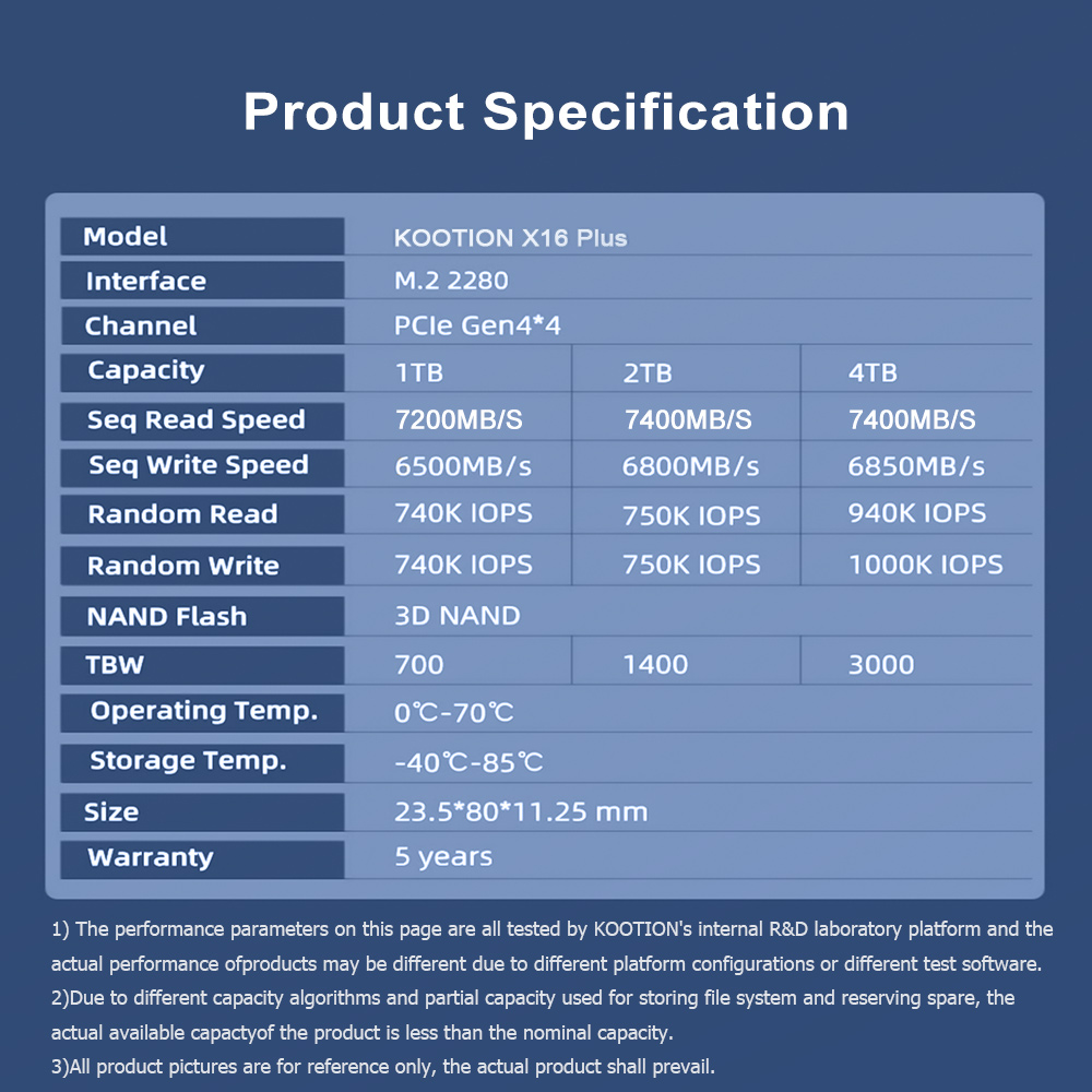 KOOTION X16Plus SSD NVMe M2 1TB 2TB 512GB Internal Solid State Hard Disk PCIe 4.0x4 2280 SSD M.2 Drive for PS5 Laptop PC