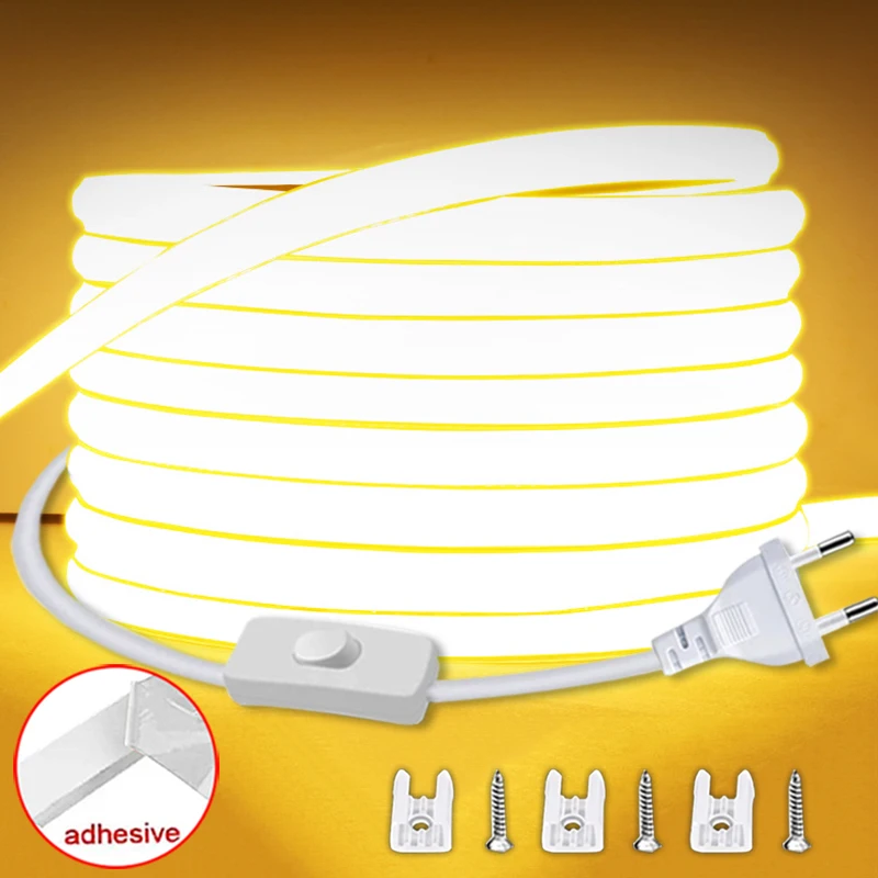 Tira de luces Led COB de alto brillo con potencia europea, tira de luces LED de 220V, cinta Flexible impermeable para dormitorio, iluminación de jardín al aire libre