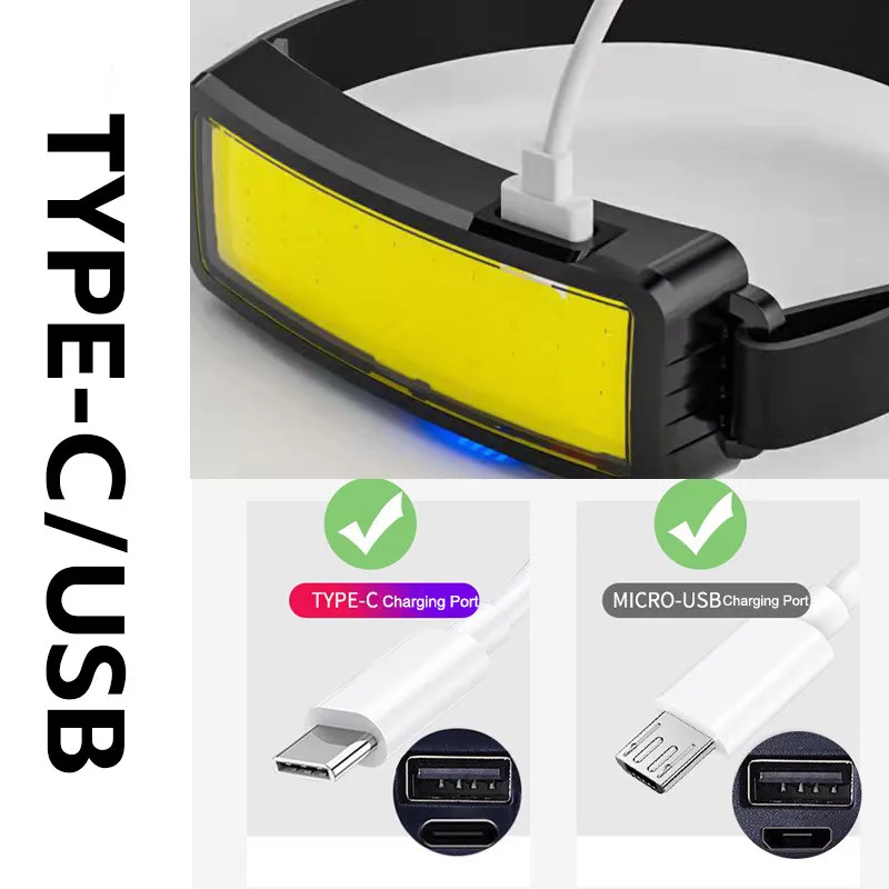 Potente linterna frontal COB tipo c/USB, linterna frontal recargable con batería integrada, linterna para acampar y pescar al aire libre, antorcha impermeable
