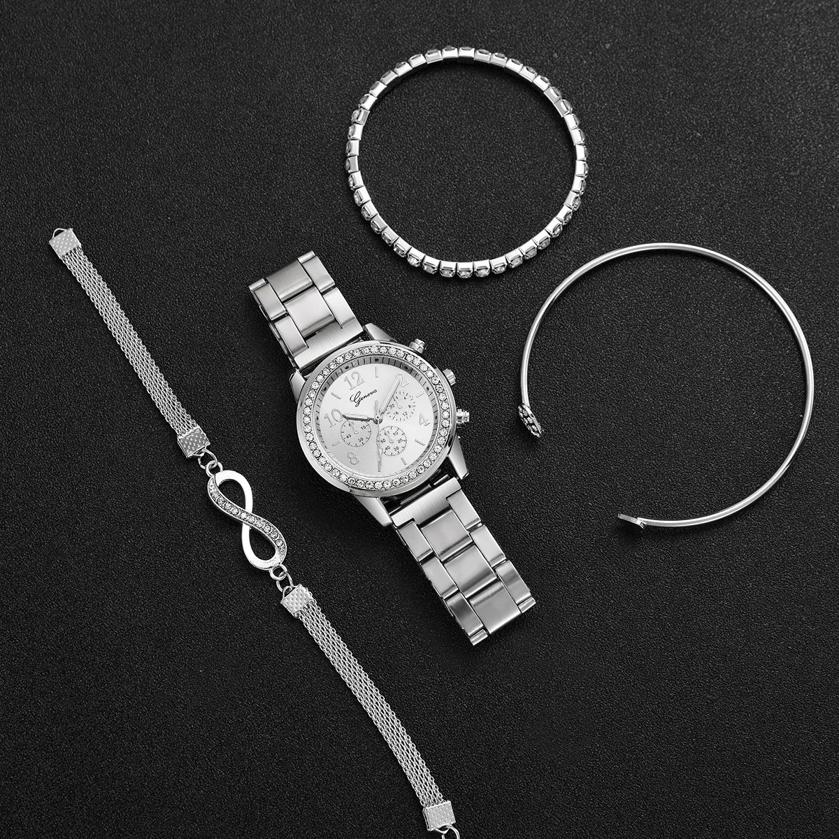 4 ชิ้น/เซ็ตนาฬิกาผู้หญิงแฟชั่น Rhinestone คํา Dial สตีลควอตซ์นาฬิกาสร้อยข้อมือชุด (ไม่มีกล่อง)