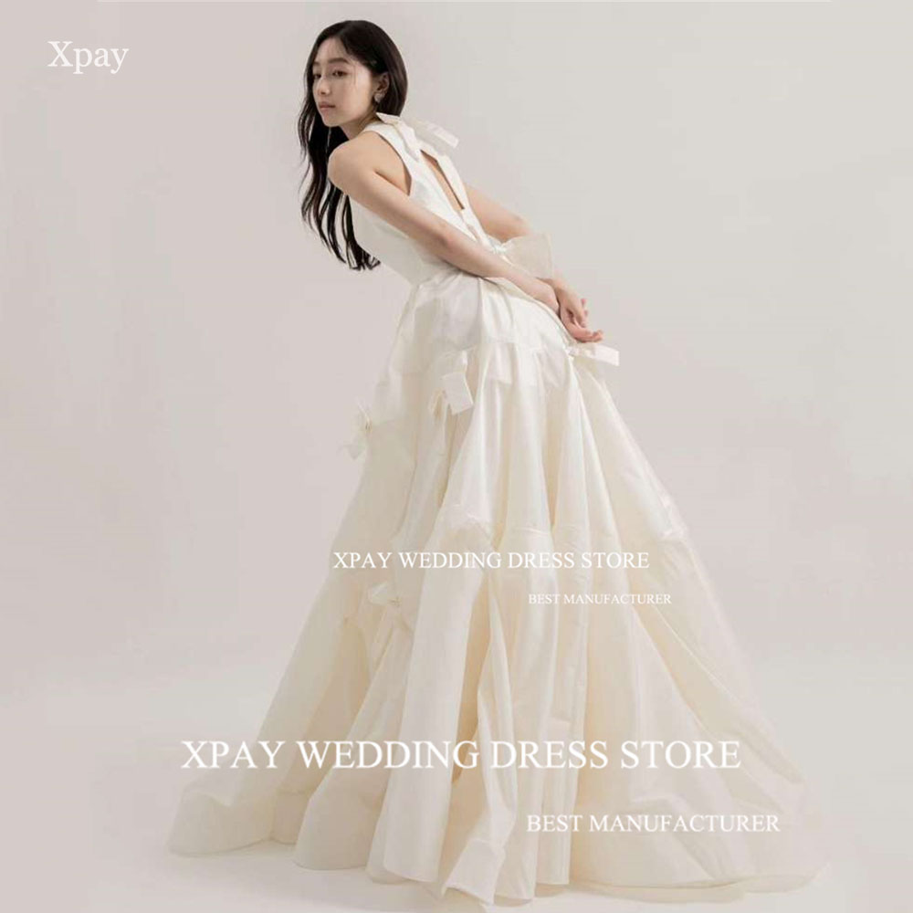Xpay o pescoço coreia vestidos de casamento ruched em camadas cortar volta vestidos de fotografia de casamento sem mangas até o chão robe de casamento