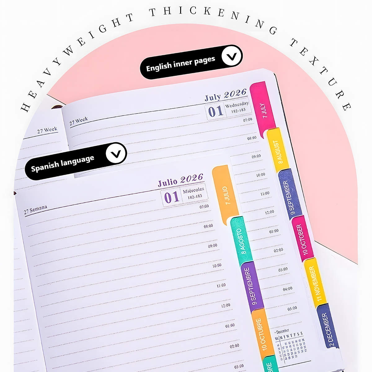 2026 年 1 月-12 月プランナー スペイン語/英語ノートブック A5 PU レザーカバー スクールアジェンダプラン ウィークリーマンスリーダイアリーオーガナイザー