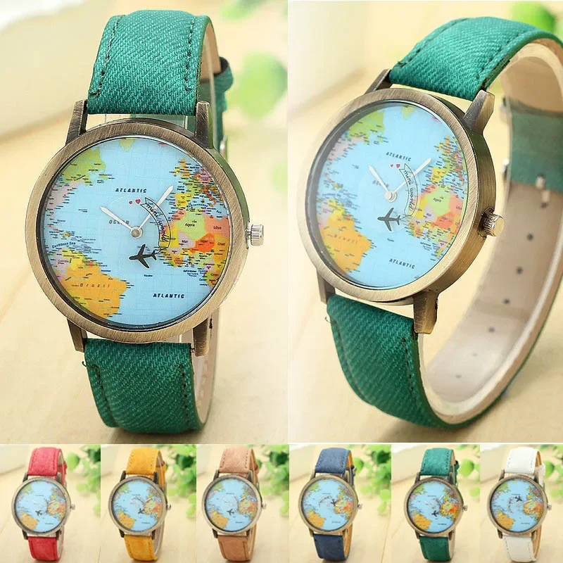 2022 moda global mapa do mundo avião denim tecido banda relógio casual masculino feminino relógios de pulso relógio de quartzo presente horloges relógio
