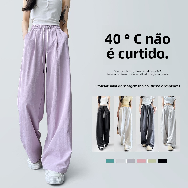 Calças Esportivas de Secagem Rápida com Pernas Largas para Mulheres, Primavera Verão, Finas, Novas, de Cintura Alta, em Seda ...