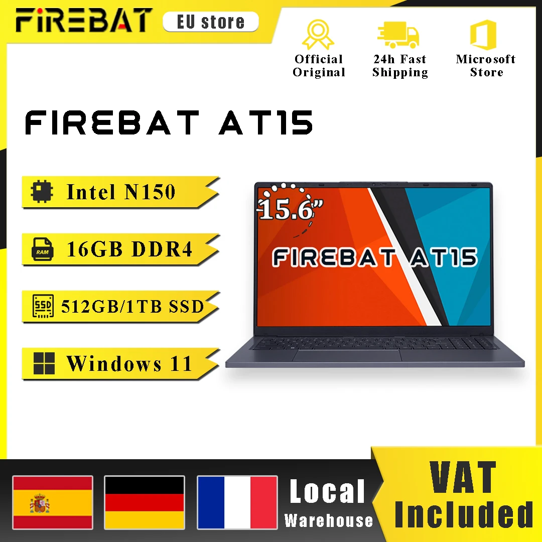 Firebat Laptop AT15 15.6 pollici Intel N150 DDR4 16GB RAM 512GB 1TB SSD 1920*1080 Notebook Windows 11 Tastierino numerico integrato retroilluminato