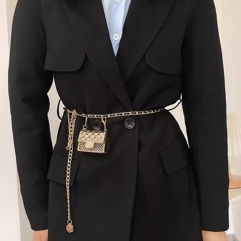 Women's Fashion Gold Silver Metal Chain Bag Corset Female Cummerbund Coat Waistband Dress Decration Narrow Belt J477