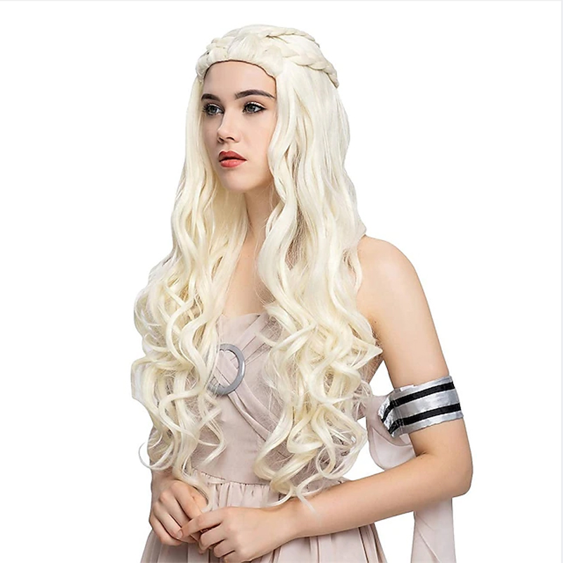 ヘアジョイ-女性のための合成シルバーロングブレウィッグ、daenerysターガリエンウィッグ、クイーンロリータコスプレコスチューム