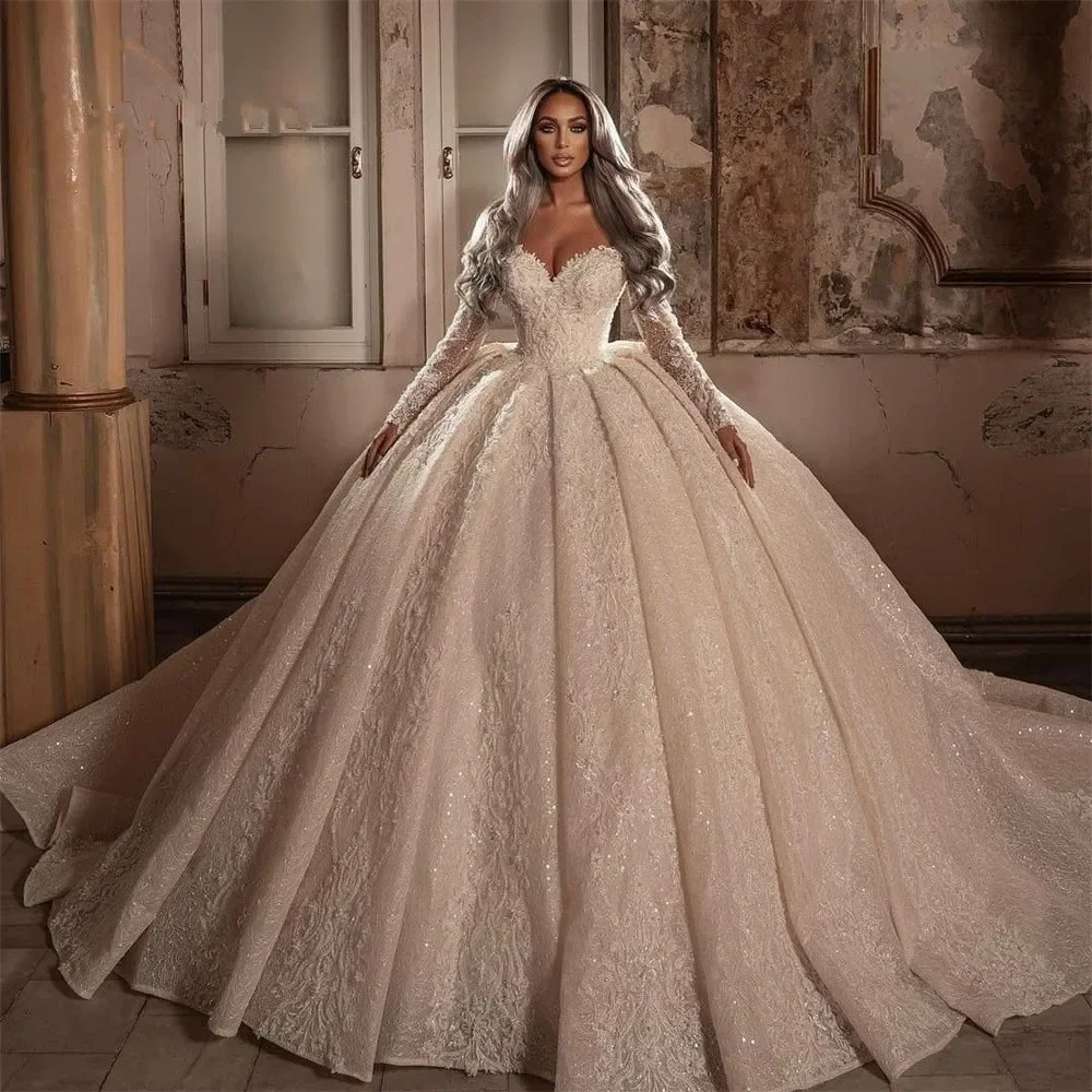 Su Zhu Abiti da sposa personalizzati con abito da ballo di lusso Perline Sweetheart Appliques Paillettes Maniche lunghe Sweep Train Abiti da sposa