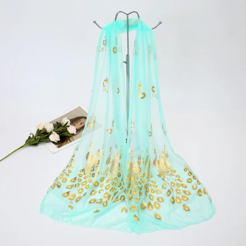 Ultra-thin and Soft Beach Scarf with Golden Peacock Feather Print for Travel and Vacation Sun Protection Shawl