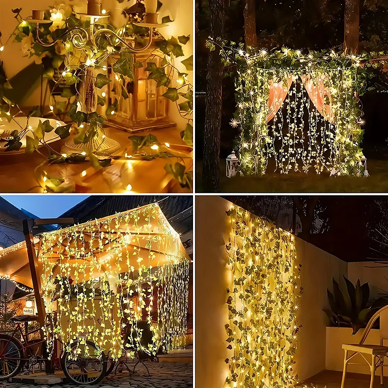 12mSolar Ivy String Lights LED Outdoor Artificial Vine Christmas Garland Fairy String Plant Lamp Maple Leaf Green Rattan String