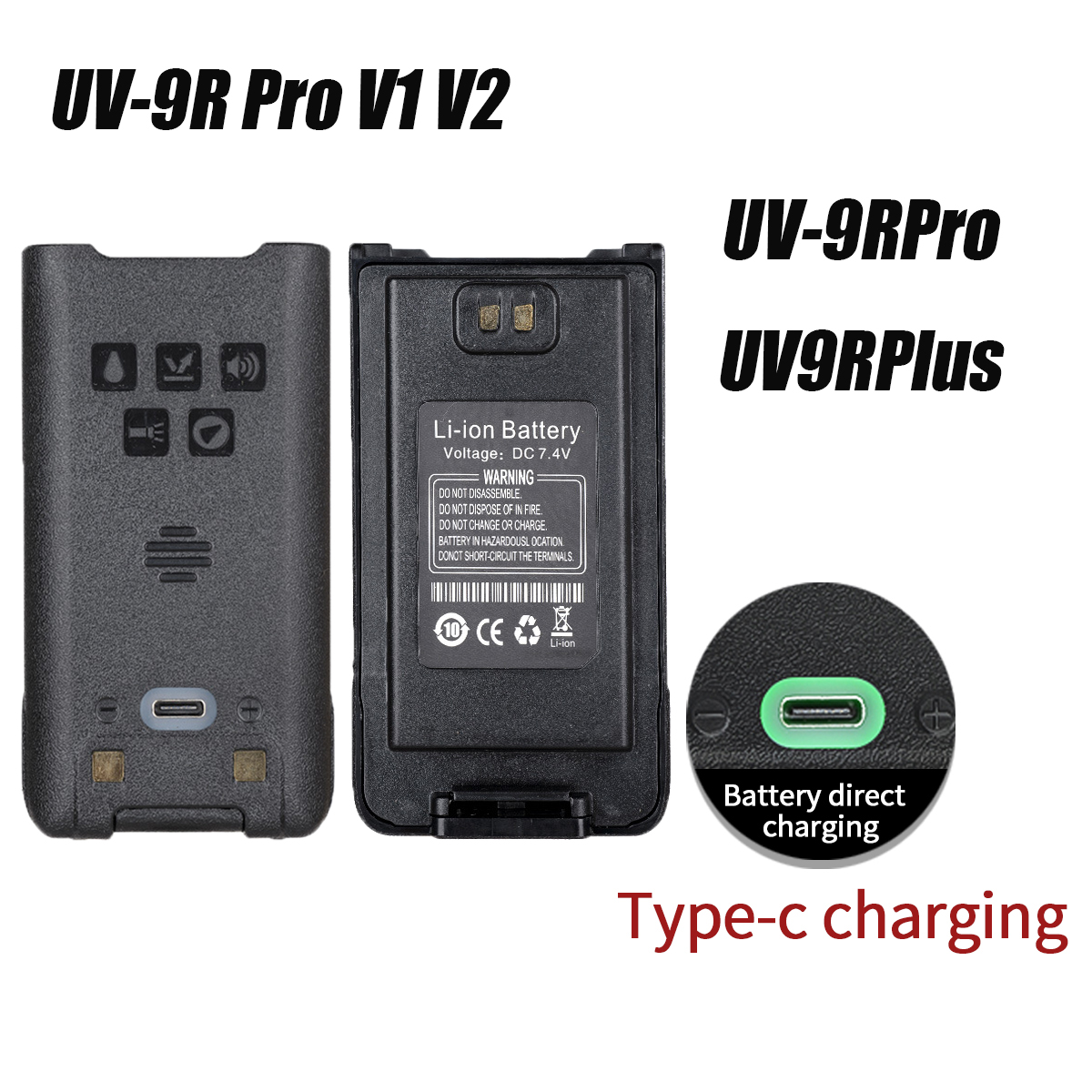 Baofeng Walkie Talkie UV-9R pro V1 V2 Batteria Tipo-C Batteria ricaricabile con ricarica di tipo C per radio UV 9R Plus UV9R PRO