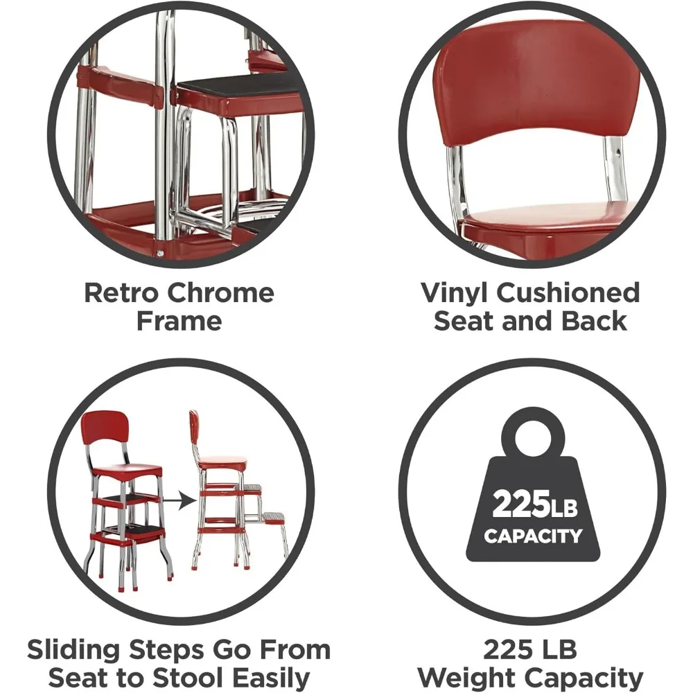 COSCO Retro Counter Chair/Step Stool, Sliding, Red