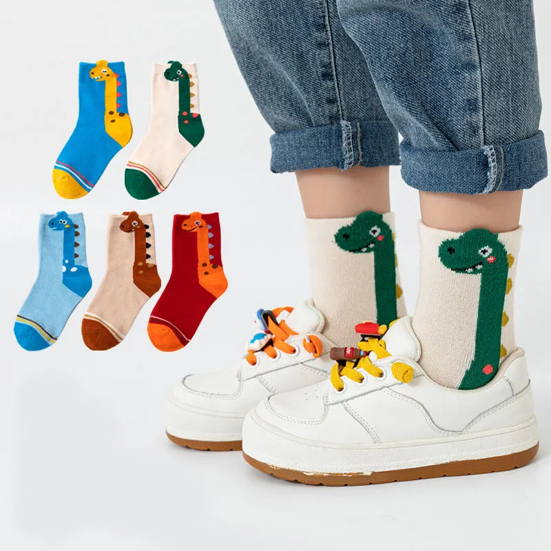 5 Paar Kindersocken mit Cartoon-Dinosaurier-Muster, bequeme Kindersocken für Jungen und Mädchen