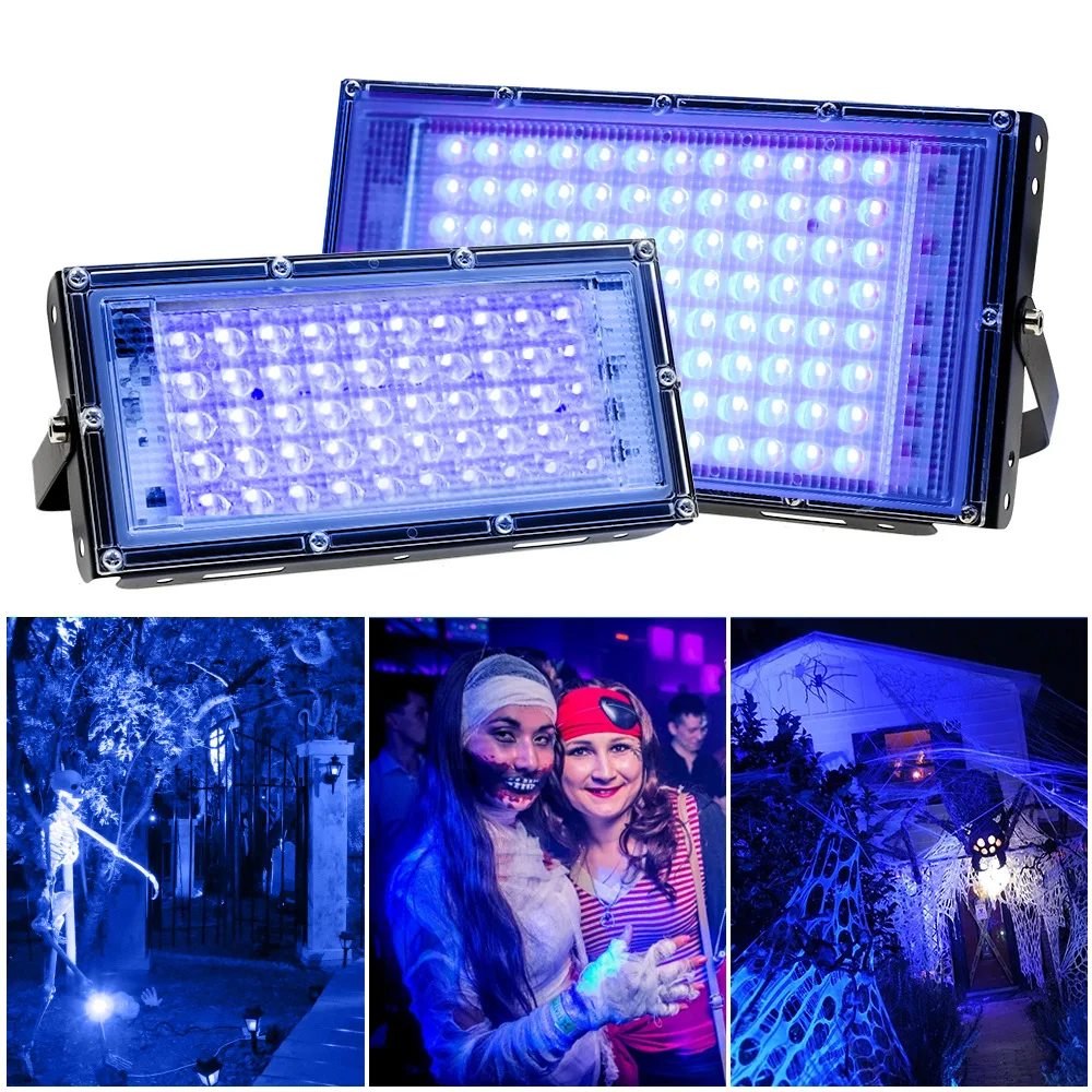 ไฟฟลัดไลท์ LED UV 220V หลอดไฟเวทีอัลตราไวโอเลต50W 100W LED แบล็คไลท์กันน้ำสำหรับเวทีปาร์ตี้ไฟแบ็คไลท์