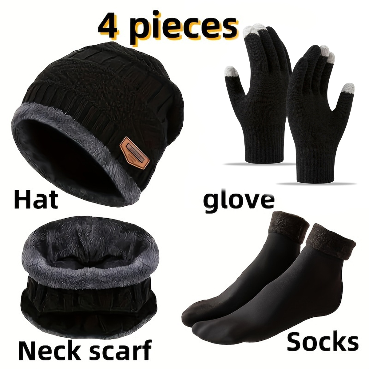 4-Piece Cozy Winter Accessory Set Soft Knitted Beanie glove socks and scarf Hand Washable Stretch Fit, Solid Color Design
