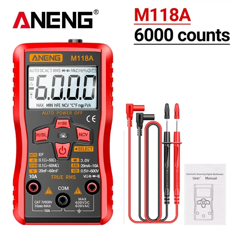 ANENG Digitales Mini-Multimeter, 6000 Zählungen, automatisches Multimetro, DC/AC-Spannungsprüfer, Tranistor-Messgerät, NCV, Datenspeicherung, Taschenlampe M118A