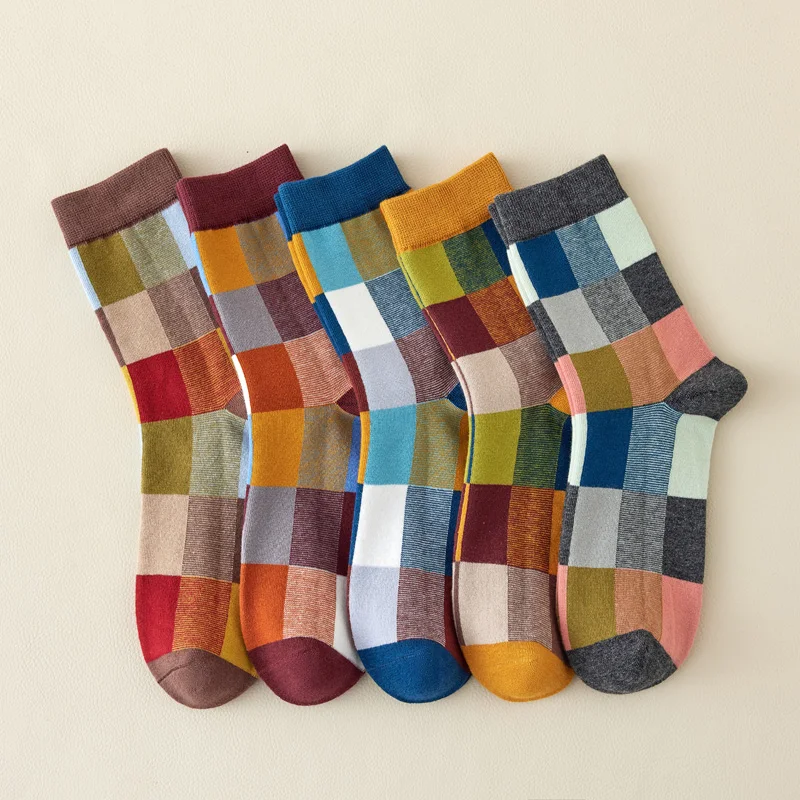 5 pares de calcetines de algodón peinado para hombre, calcetines de compresión para fiesta al aire libre, calcetines de vestir felices cuadrados y rayas coloridos a la moda para hombre