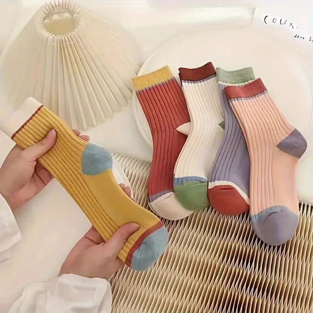 5/10/20/30 pares de calcetines de mujer con franjas de Color caramelo lindos calcetines Kawaii de longitud media Harajuku Otoño e Invierno calcetines suaves transpirables