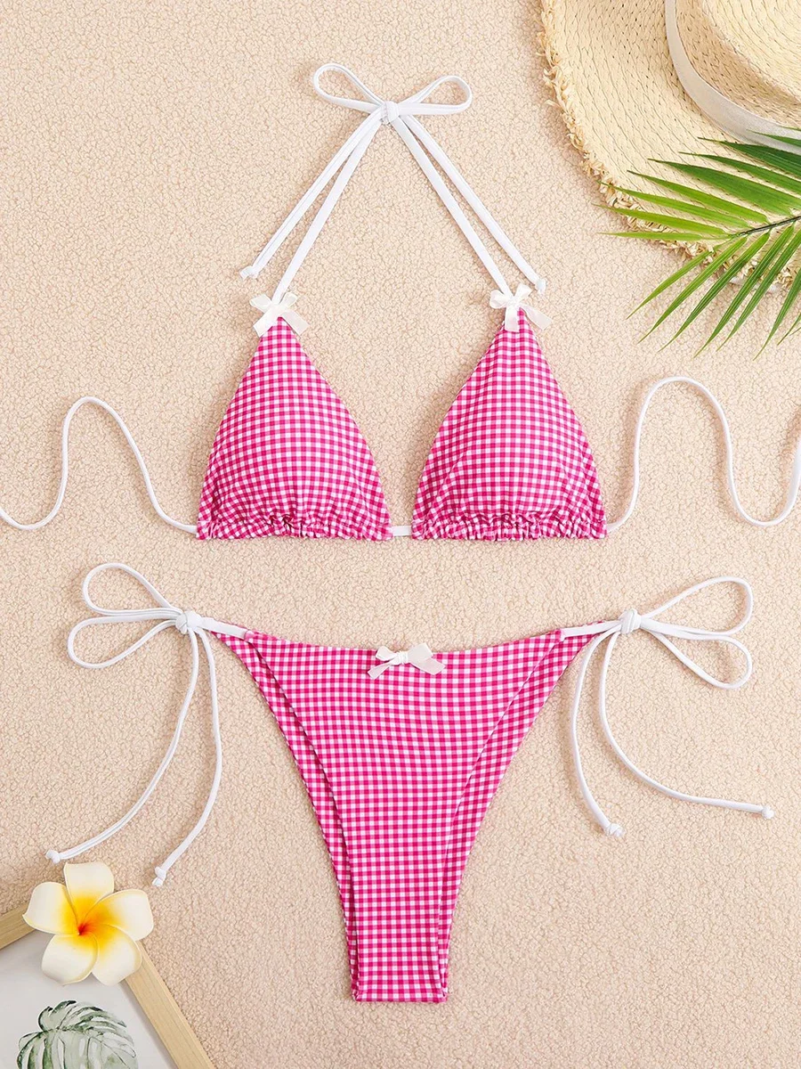 Sexy Bikini 2025 maillots de bain maillot de bain pour femme papillon décor à carreaux licou string Bikinis ensembles natation pour maillots de bain maillot de bain
