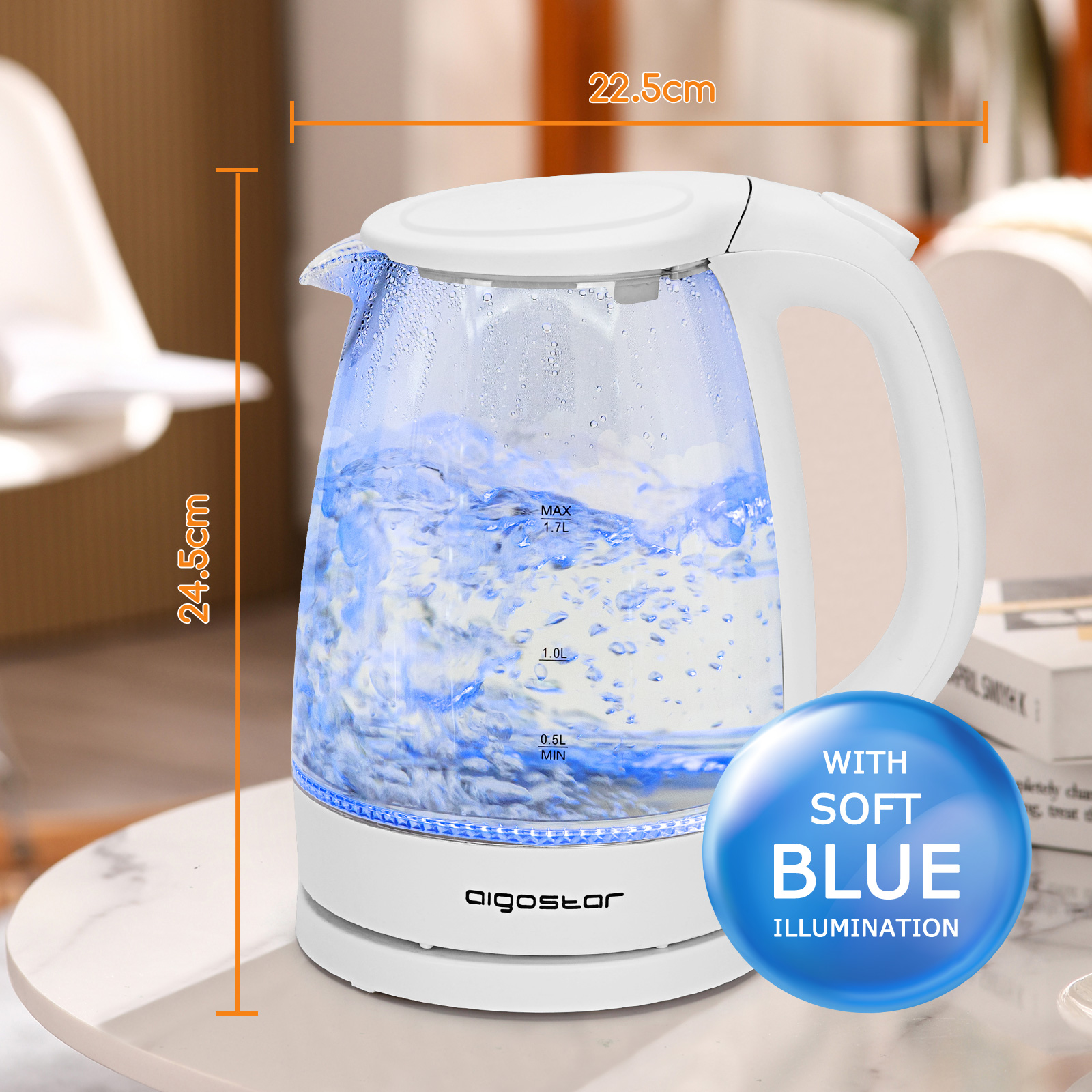 Hervidor de Cristal 1,7 L, Vidrio Borosilicato Hervidor de Agua Eléctrico con Iluminación LED, 2200W Ebullición Rápida con Libre de BPA, Filtro Antical, Apagado Automático, Base 360º, Negro
