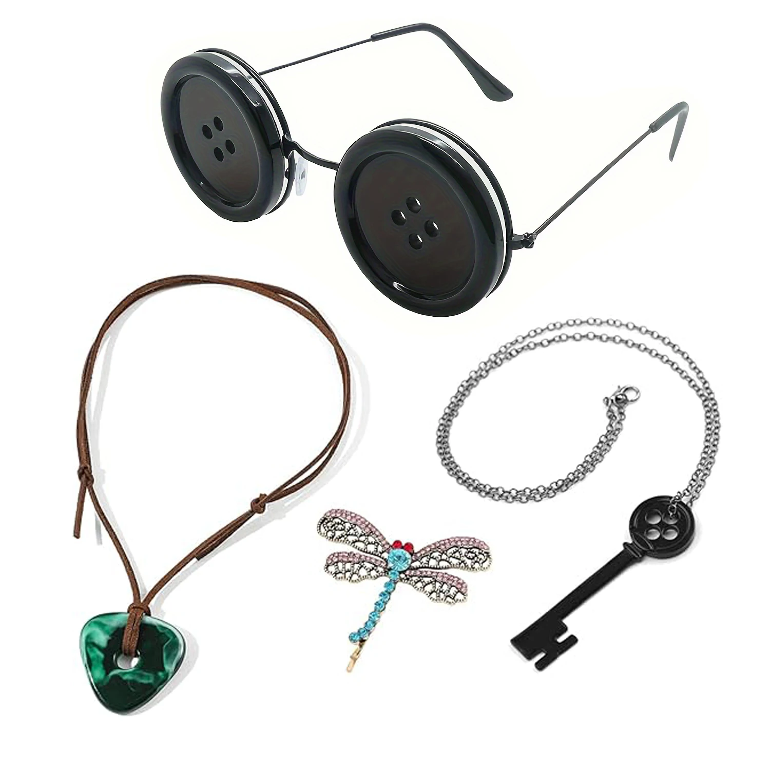 3 pezzi film Coraline collana verde vendo pietra pendente collana corda catena scheletro nero chiave girocollo libellula tornante gioielli