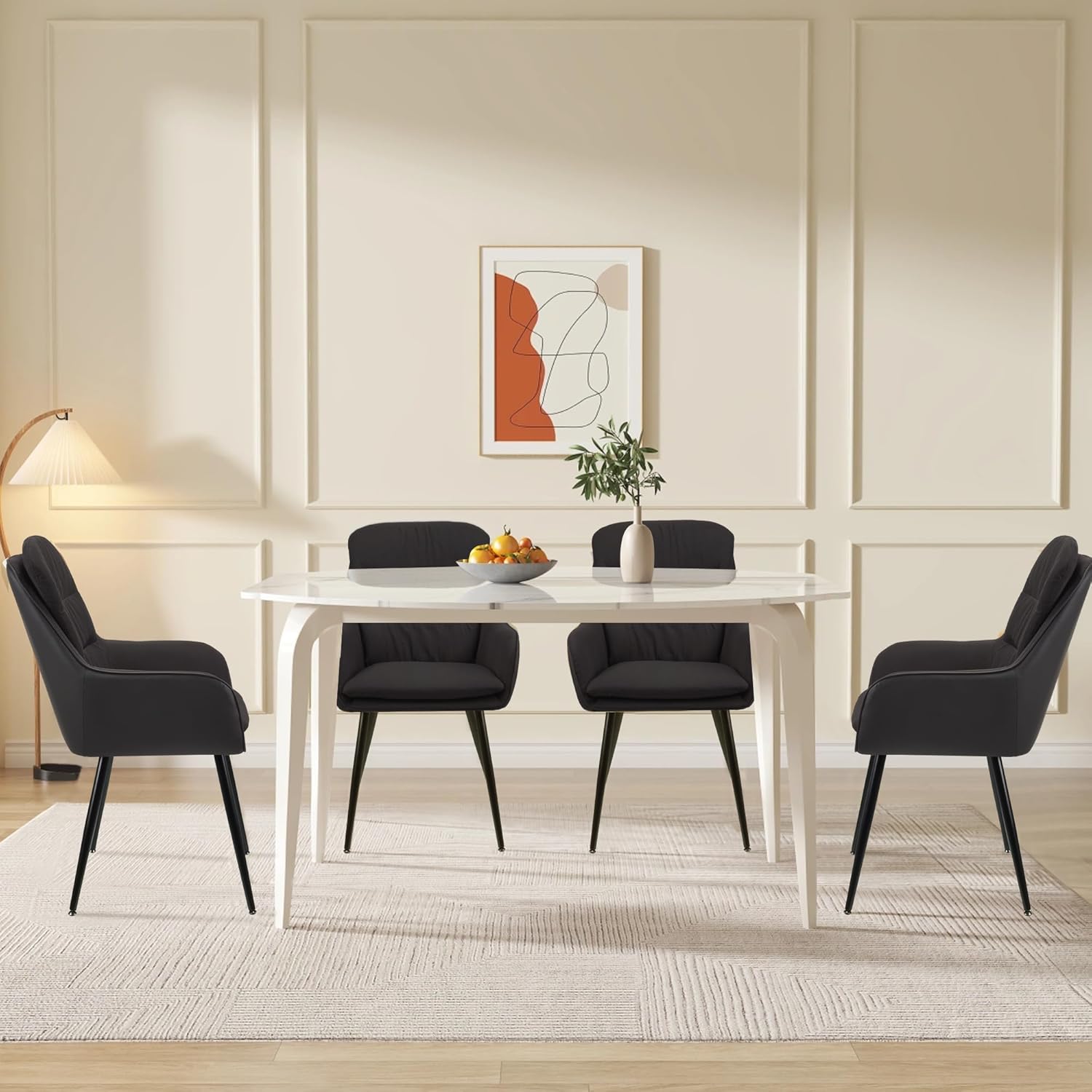 Dining Chair Set of 2 with backrests, Thick Padded Seat armchairs, Easy-Clean Faux Leather and Linen, Sturdy Metal Le