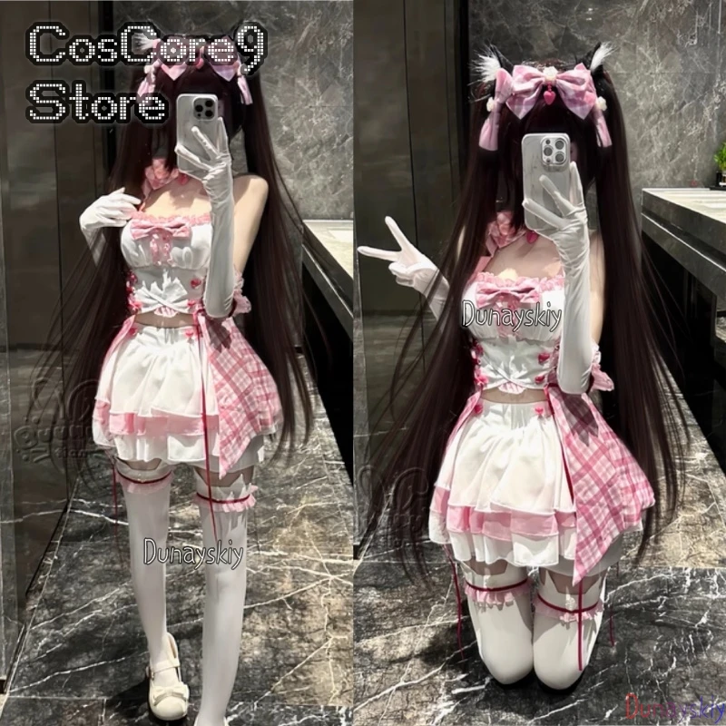 Kostum Cosplay Game Anime Nekopara Vanilla Chocola Nekomimi Paradise Wig Cetak Pakaian Pelayan Wanita Setelan Karnaval Kawaii Seksi