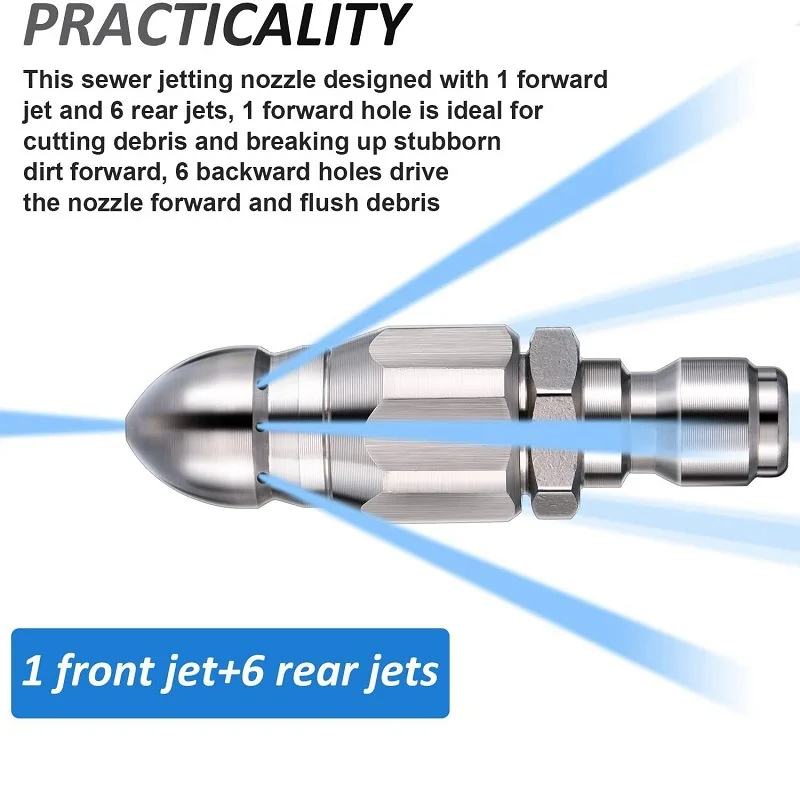 Boquilla rociadora de alta presión con chorro de agua SenNan, alcantarillado limpio, lavadora a presión de acero inoxidable de 1/4 ", herramienta de boquilla de manguera de drenaje de enchufe rápido