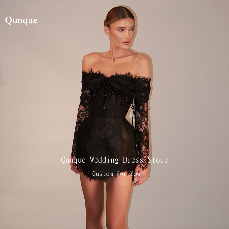 Qunque Black Lace Mini Evening Dress Elegant Tassel Beadings Crystals Short Party Cocktail Gowns Sukienka Na Imprezę Customized