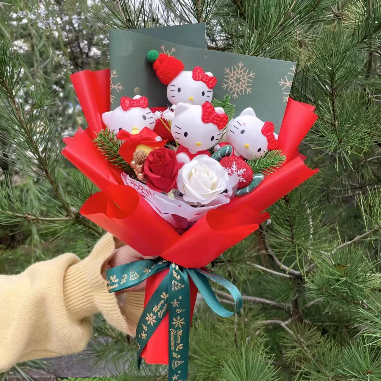 Muñecas de gato Kawaii Hello Kitty con flores artificiales, ramo creativo, regalos de graduación, cumpleaños, Navidad, San Valentín
