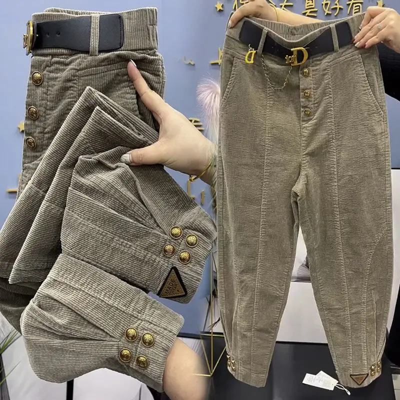 สีทึบหนา Corduroy กางเกงผู้หญิง 2023 ฤดูใบไม้ร่วงฤดูหนาวเกาหลีหลวมสบายๆกางเกงกางเกงอันตราย