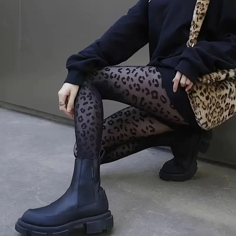 Vintage Women Sexy Thin Transparent Silky Pantyhose Gothic Black Sexy Leopard Animal Pattern Sheer Tights Seamless Stockings