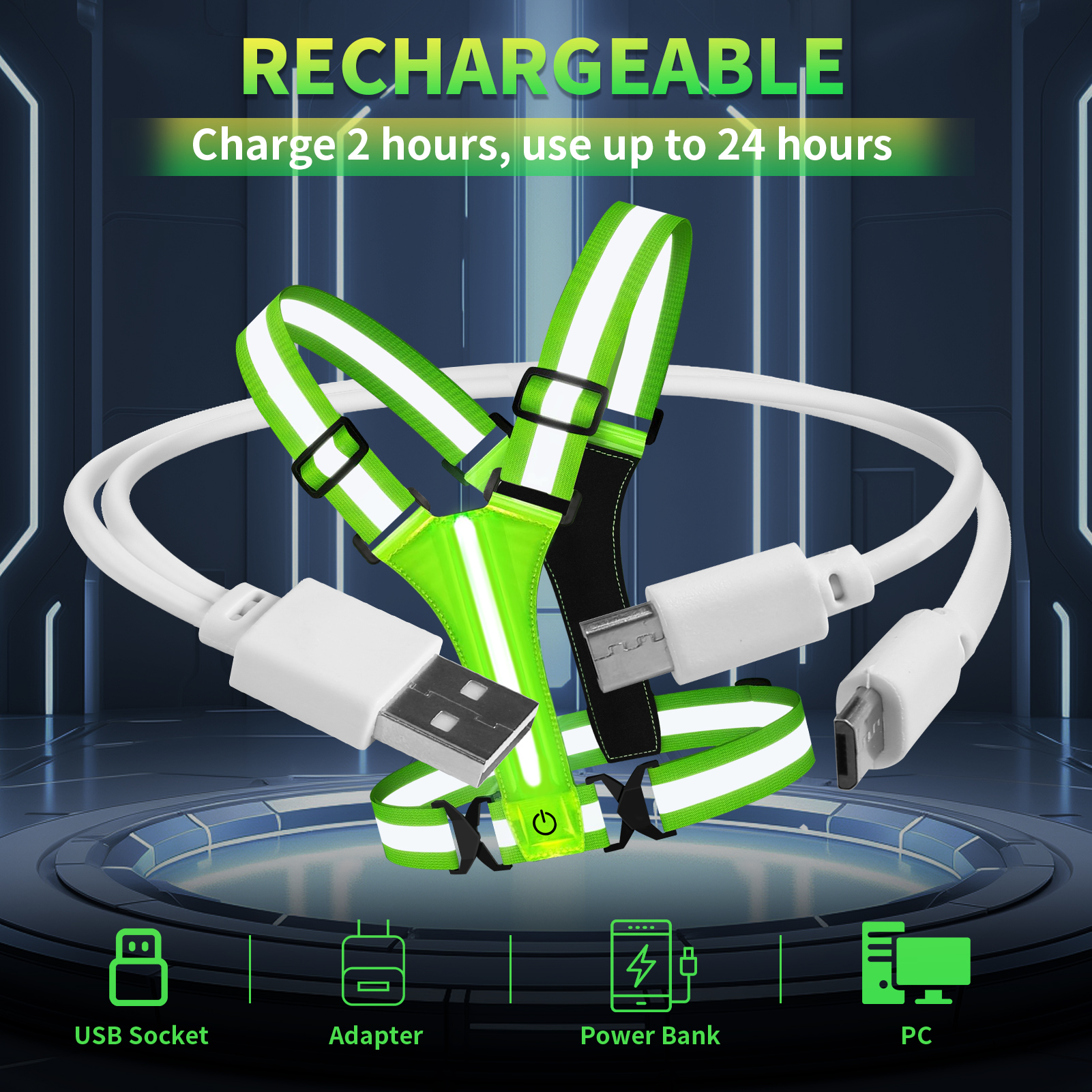 LED Running Vest USB Rechargeable Reflective Glowing Reflector Straps High Visibility Night Running Riding Clothing Elastic Band