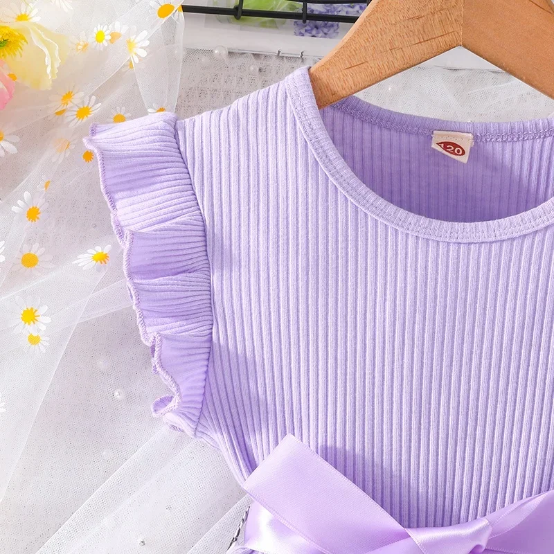 ชุดสําหรับเด็กผู้หญิง 3-7 ปี Ruffled แขนผีเสื้อดอกไม้ Tulle น่ารักเจ้าหญิงอย่างเป็นทางการกับเข็มขัด Ootd สําหรับเด็กผู้หญิง