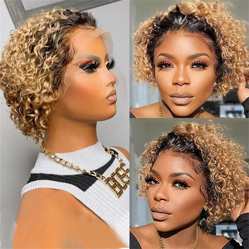 13X1 Pixie Cut Short Curly Human Hair Lace Wigs Short Curly Lace Front Human Hair Wigs Water Wave Curly Wig 1B/99J 1B/27 99J