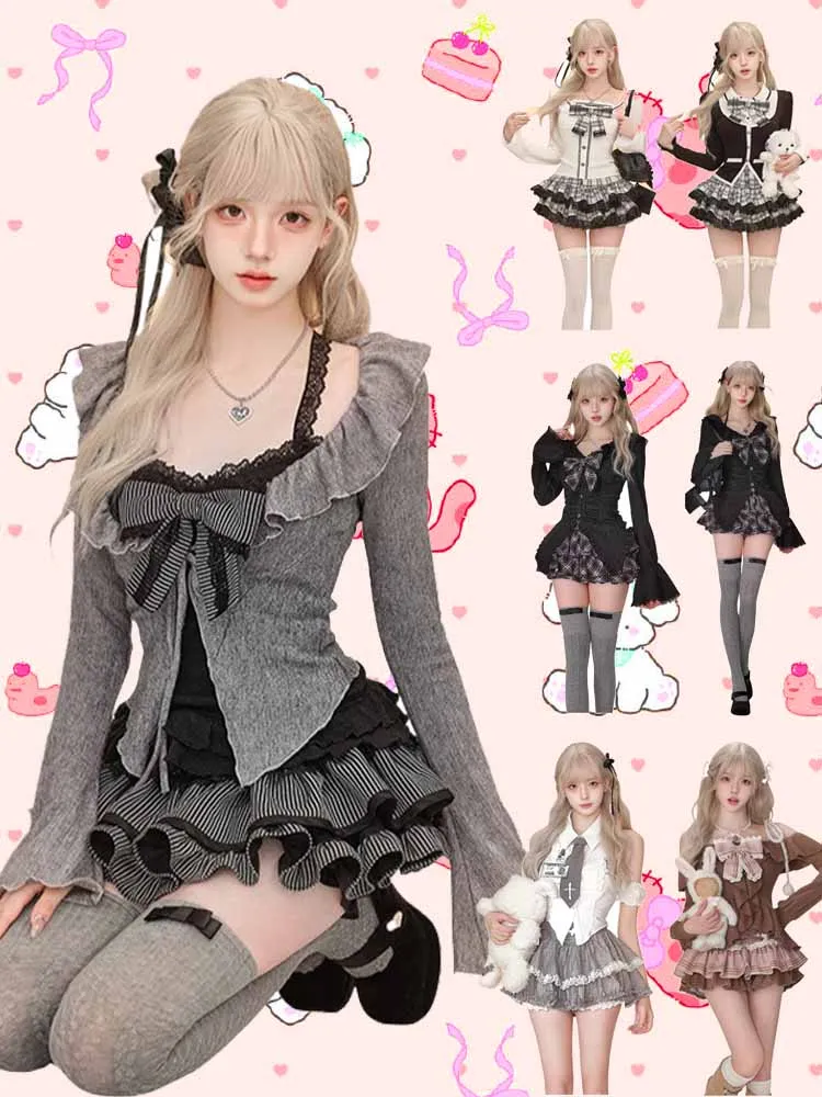 Traje de falda Vintage de 3 piezas para mujer, cárdigan Kawaii con volantes, prendas de vestir, chaleco ajustado, blusa + faldas ajustadas Y2k, conjuntos de fiesta de noche de Lolita