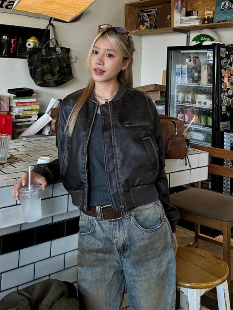 Novo no outono inverno feminino high end curto motocicleta jaqueta de couro feminino topo retro marrom solto casaco casual roupas femininas